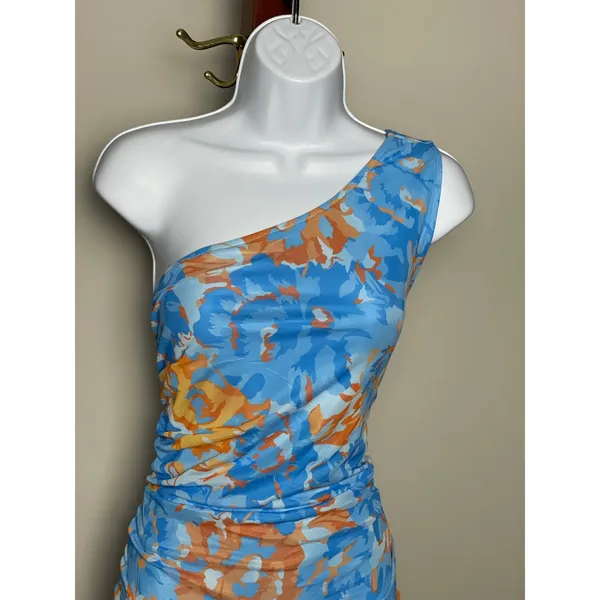 Pretty Garden One‑Shoulder Bodycon Dress Size L Light Blue Orange Accents - Image 2