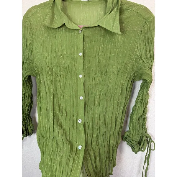Jaipur Y2K Crinkle Green Tie Sleeve Button-Up Blouse Whimsical Fairycore M - Image 5