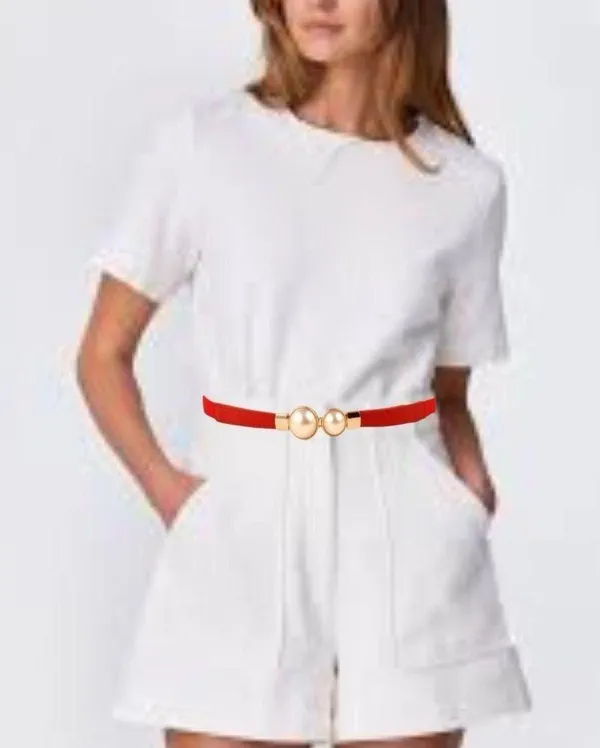 Red & gold pearl‎ belt Imitation Pearl Pair Buckle Thin Belt Monochrome Elastic - Image 3