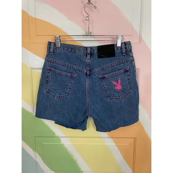 Playboy Bunny Denim Cutoff Shorts Pink Stitch Y2K Made USA Womens 7 - Image 4