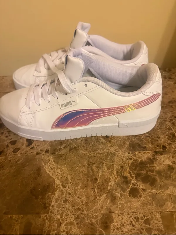 Puma White Leather Sneakers with Iridescent Lace Tabs - Image 3