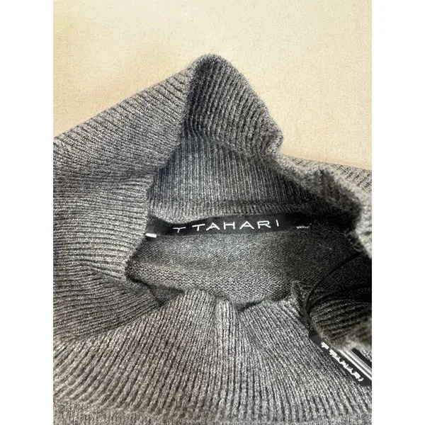 T Tahari Womens Mock Neck Sweater Top Size S Dark Grey Soft Knit Metallic Logo - Image 5