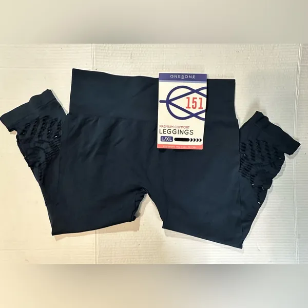 One5One Women Navy Blue Eyelet‎ Hem Cropped Activewear Casual Leggings L/XL - Image 3