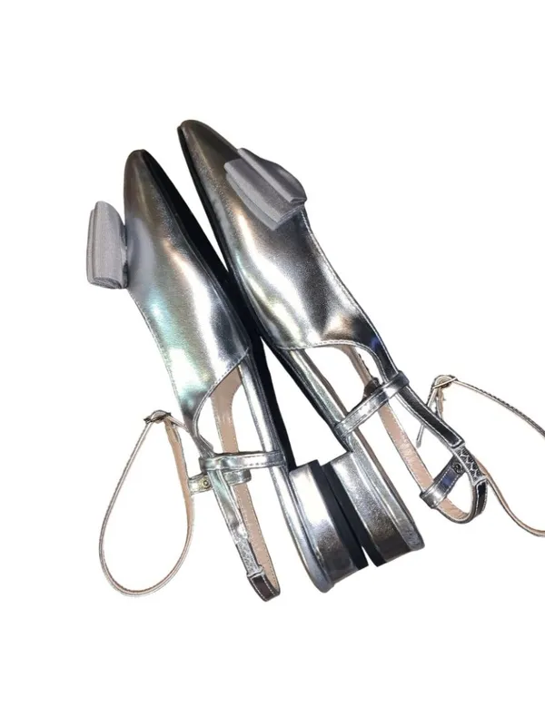 C. Paravano Size 8.5 (EU 39.5)- Sling Back Flats - Silver With Bow Accent. - Image 7