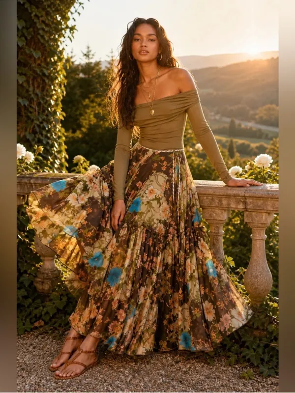 Free People Palermo Villa Chiffon Maxi Skirt in Chocolate Combo 0 - Image 3