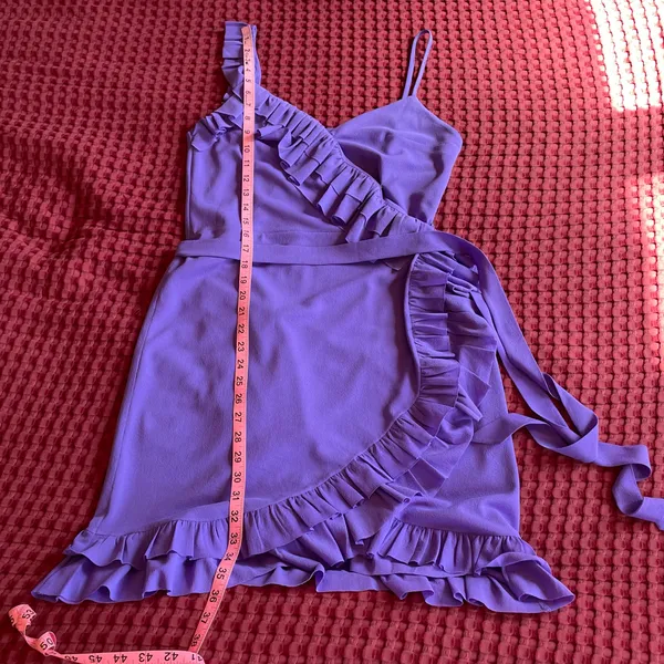 Handmade One-of-a-Kind Purple Chiffon Ruffle Wrap Mini Dress Vintage Fabric - Image 7