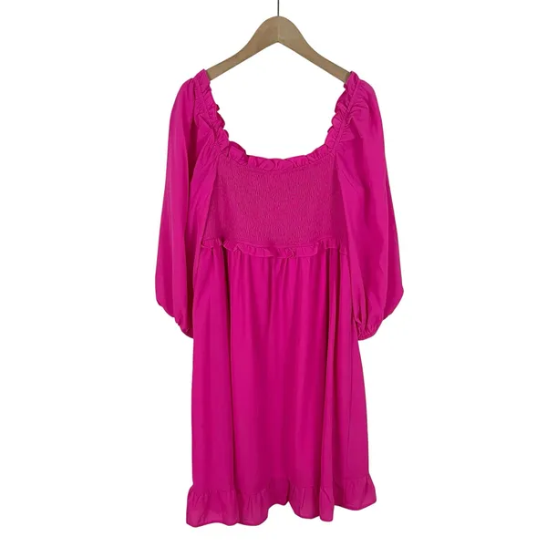 Umgee Hot Pink Smocked Bodice Puff Sleeve Ruffle Dress Size Medium - Image 3