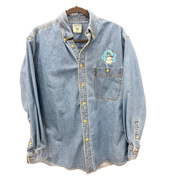 Lee Denim Collection Mens Long Sleeve Button Up Shirt Snowman Patch Blue Size M‎ - Image 5