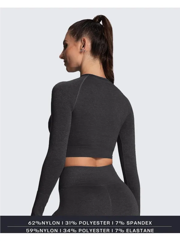 NWOT Amazon Aoxjox Long Sleeve Cropped Workout Top with Thumbholes - Black Marl - Image 2
