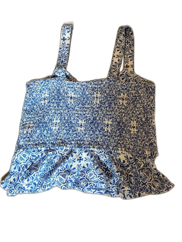 Express Blue White Tile Print Smocked Crop Peplum Tank Top Resort Coastal Medium - Image 2