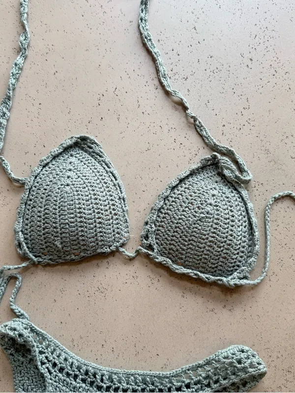 NWOT Handcrafted Grey Crochet Triangle Bikini Set Gray Size M - Image 3