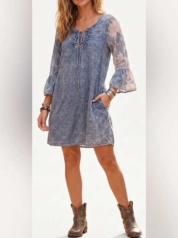 Kori Washed Denim Blue Lace-Up Bell Sleeve Mini Dress - Image 2