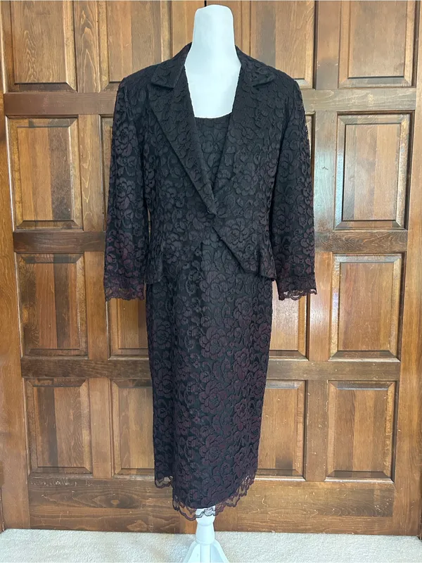 Vtg Le Crillon‎ Black Red Lace 2 Piece Dress Blazer Suit Set Size 10 Wedding - Image 2