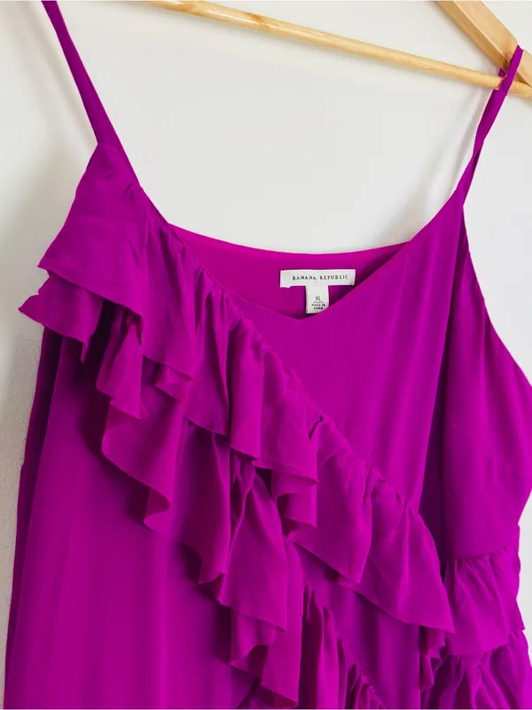 Banana Republic Purple Fuchsia Silk Ruffle Tank Mini Dress Drawstring Waist. XL - Image 2