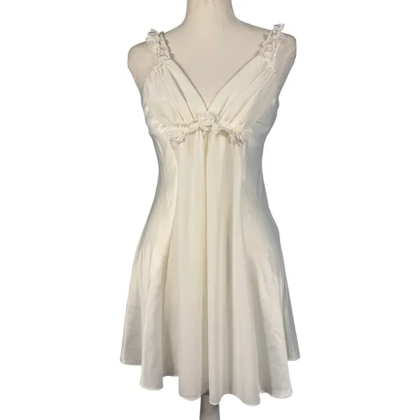 Flora Nikrooz Slip Dress Womens Small Ivory Satin Floral Strap Chemise - Image 6