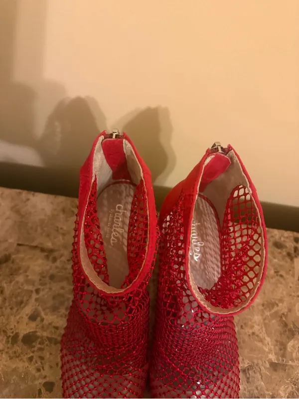 Charles By Charles David Red Mesh Sparkly Pointed Toe Ankle Boots - Image 3