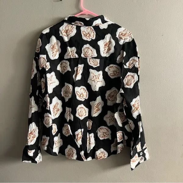 Nicole Miller Women’s 100% Linen Shirt Black & White Shell Print Button-Up L - Image 2