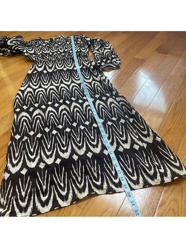 Zara Printed Midriff Cutout Brown Cream Ikat Tribal Puff Sleeve Maxi Dress Sz S - Image 15
