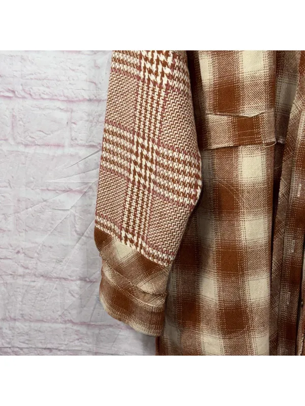 Fate Oversized Plaid Shacket Women’s Large Brown Cream Mixed Print Button NWT - Image 3