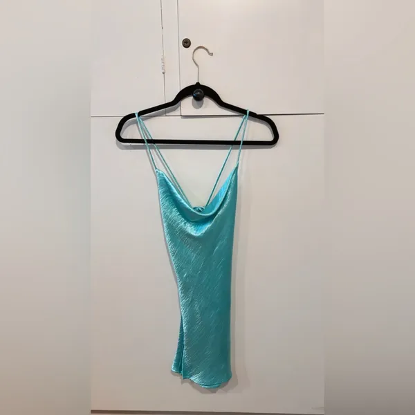 RESA Satin Mini Dress Teal Blue Slip Dress Cowl Neck Back Tie Party Date Night - Image 5