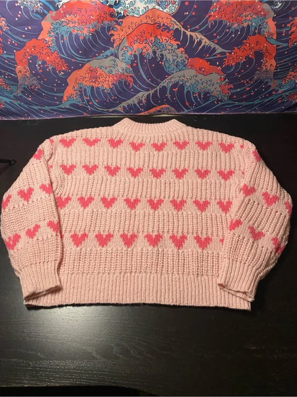Women's Pink Heart Pattern Crewneck Sweater Size M - Image 5