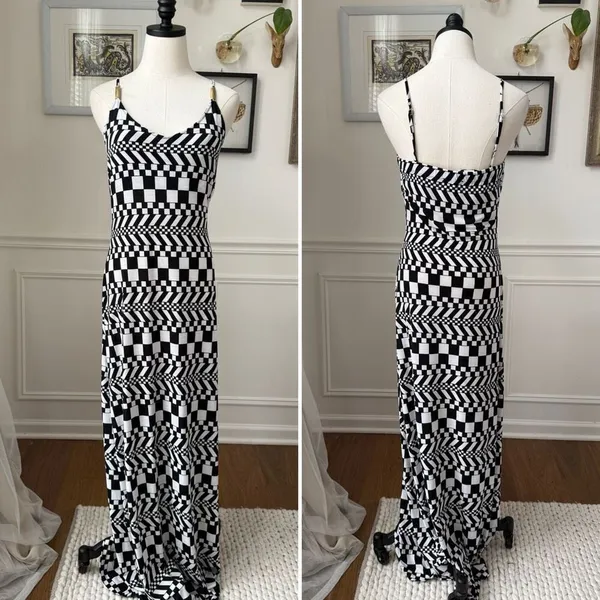 Vintage 90s Y2K Silvergate Black White Psychedelic Check Stretchy Column Indie S - Image 2