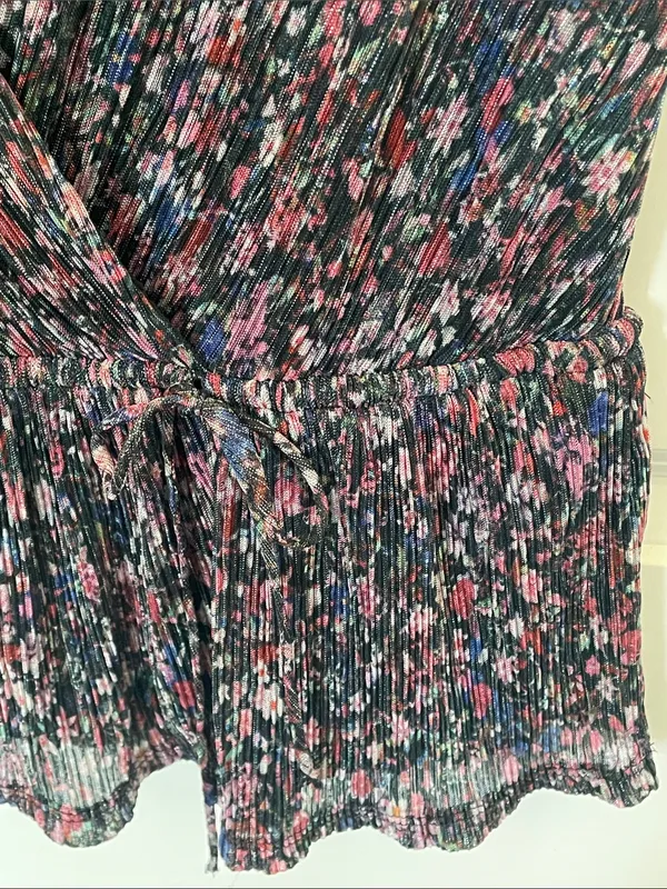 Anthropologie Dionne Metallic Ditsy Floral Blouse Large Peplum Faux Wrap - Image 6