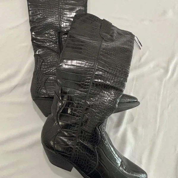 Black Croc Embossed‎ Tall Western Cowboy Boots Pointed Toe Block Heel Size 8 - Image 3
