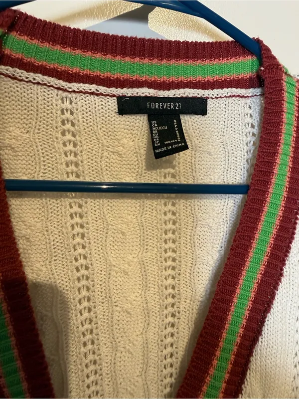 Forever 21 Oversized Cable Knit Varsity Cardigan Cream Red Green Size Small - Image 3