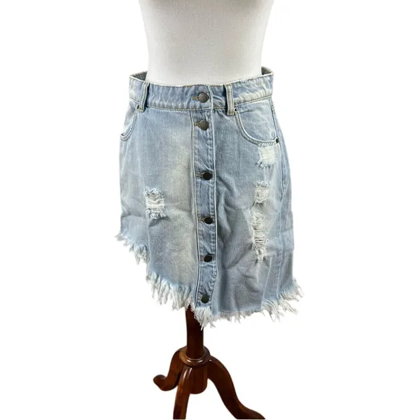 Retrofête Maeve Distressed Denim Mini Skirt Asymmetric Light Wash L - Image 2