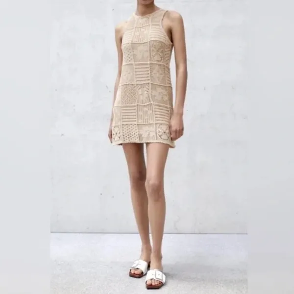 Zara Beige Crochet Dress Size S - Image 3