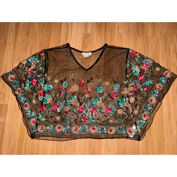 Rachel Zoe Floral Embroidered Sheer Crop Top V-Neck Boho Black Whimsical Goth - Image 2