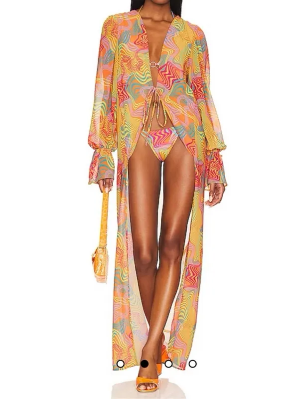 Bananhot Long Multi-Color Sheer Long Sleeve Cover-Up In Waves Size M/L - Image 2