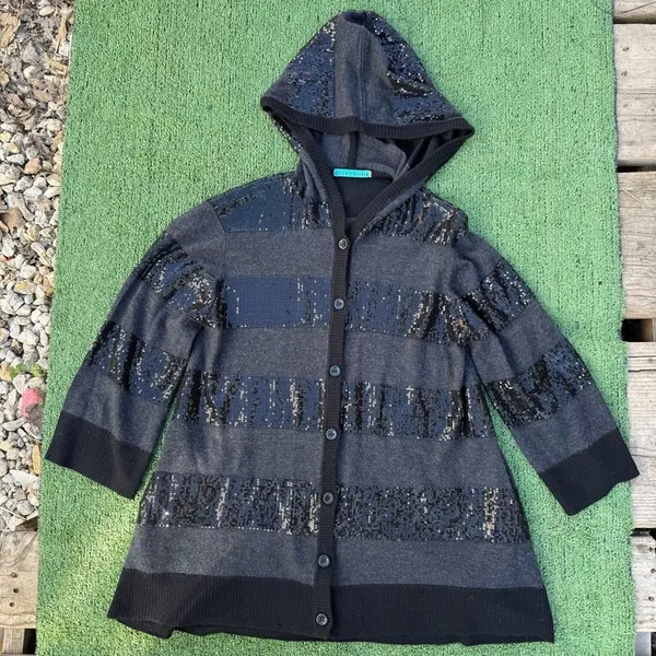Alice + Olivia Black and Gray 100% Wool Sequin Hooded Button Cardigan Medium - Image 7