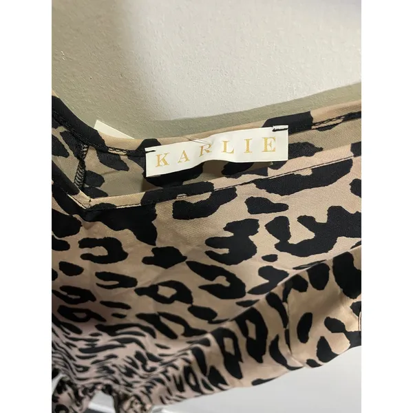 Karlie Leopard Tie Shoulder Ruffle Bottom Dress Womens S Tan Black Animal‎ Print - Image 4