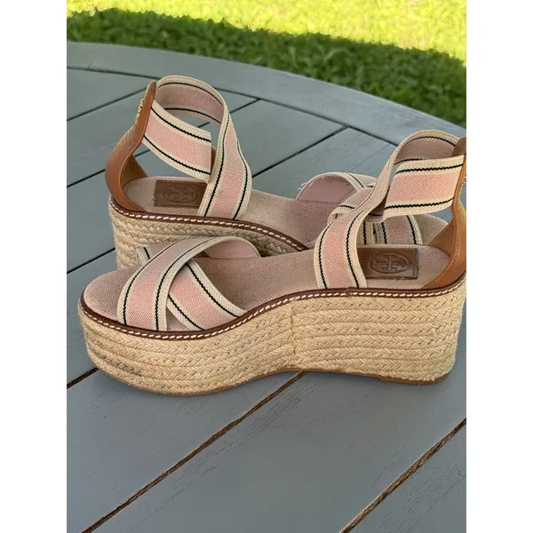 Tory Burch Pink Beige Striped Strappy Wedge Platform Slip-On Sandals Size 7M - Image 6