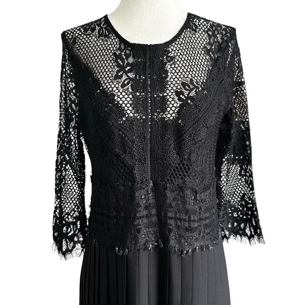 Zara Basic Black Lace Pleated Midi Dress Sz Large 3/4 Sleeves Sheer Back | 65-32 - Image 3