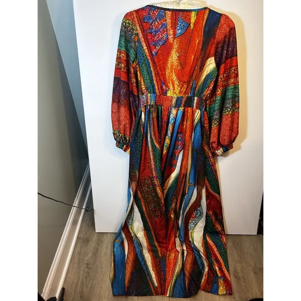 Women’s L Multicolor Abstract V-Neck Smocked Waist 3/4 Balloon Sleeve Maxi - Image 13