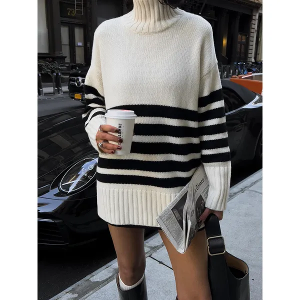 Commense Miss Paris Cozy Soft Mock Neck Stripe Sweater Minimalist Cream Black S - Image 8