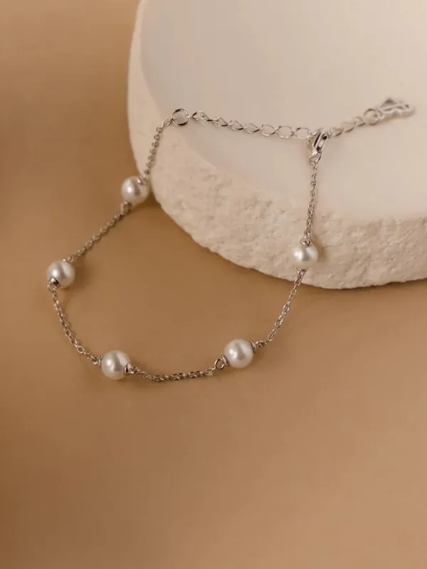 Pearl Necklace, 2 Bracelet S & Earring Set - White Pearls - Image 4