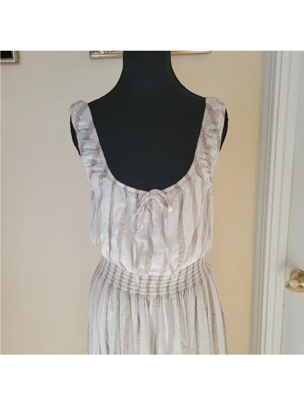 Lulu's Cream and Beige Striped Tie-Front Midi Dress size M - Image 5