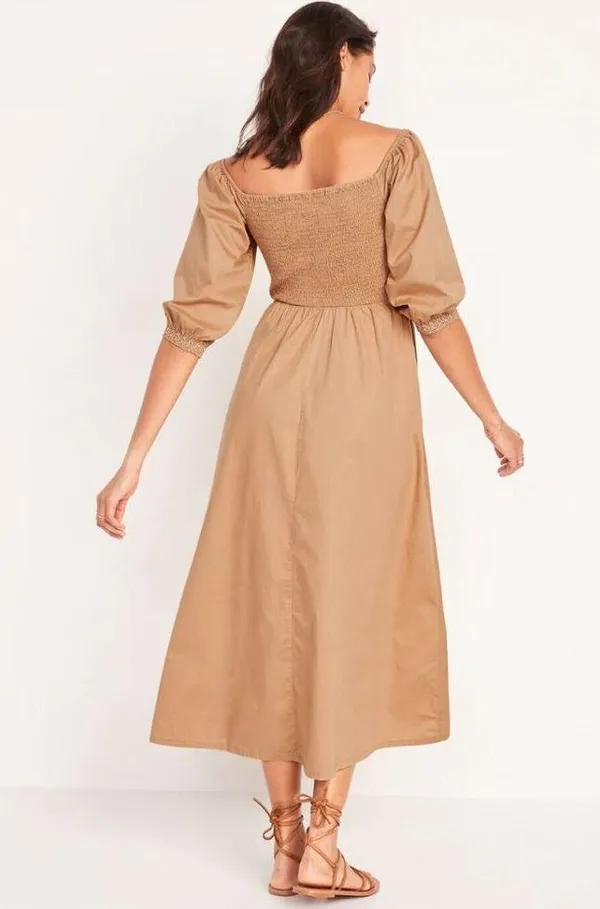 Old Navy NEW Fit & Flare Off-The-Shoulder Puff-Sleeve Smocked Cotton-Poplin Midi Dress - Image 3