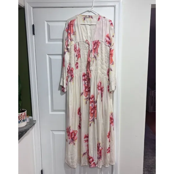 Free People Bright Blooms Maxi Robe M Boho Floral Tie Front Flowy Duster Kimono - Image 4