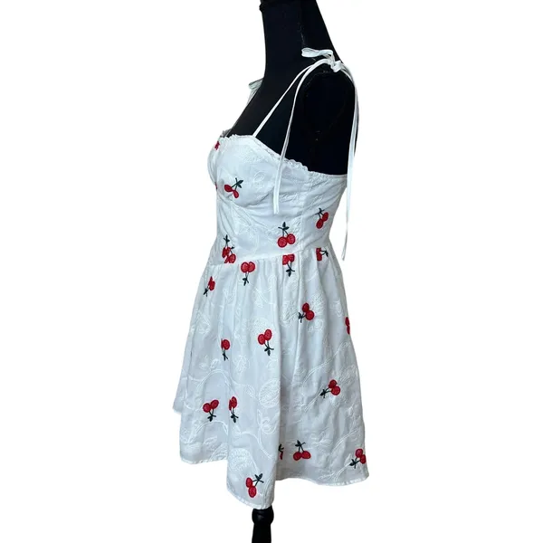 SheIn White Cherry Print Mini Slip Dress SIZE 4 Sundress Fit Flare Rockabilly Romantic - Image 4