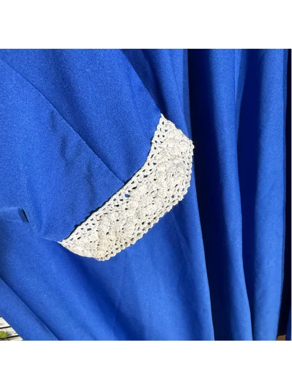 Vintage 70s kaftan dress royal blue hippie boho white cotton lace embroidery M - Image 5