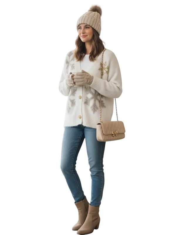 33 Degrees Ivory Snowflake Eyelash Knit Cardigan Gold Buttons Women’s Medium EUC - Image 2