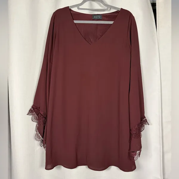 ASTR The Label Burgundy Bell Sleeve Lace V Neck Shift Dress - Image 2