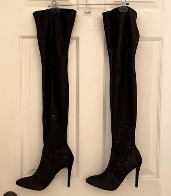 Jacobies Black Shimmer Thigh High Stiletto Boots - Image 2
