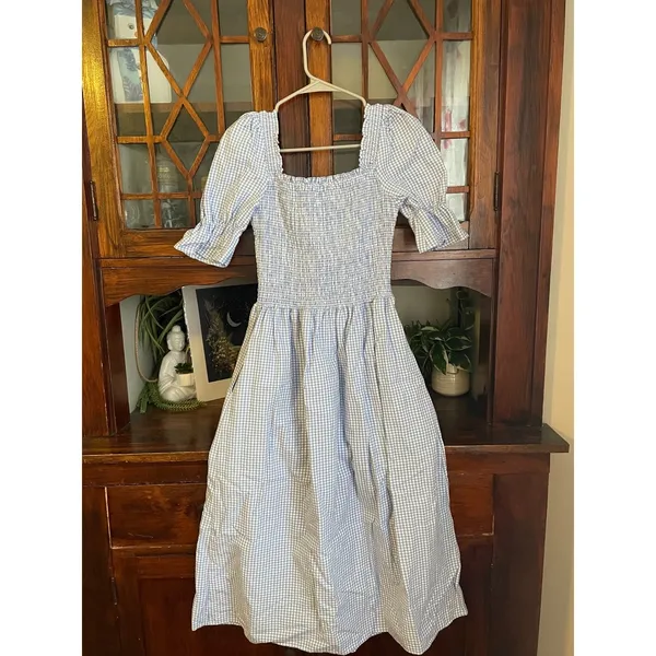 Damaris Bailey Gingham Smocked‎ Square Neck Puff Sleeve Midi Dress XS - Image 2