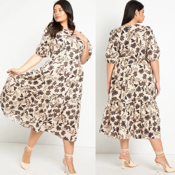 Eloquii Floral Puff Sleeve Midi Dress‎ in Cream Size 16 - Image 2
